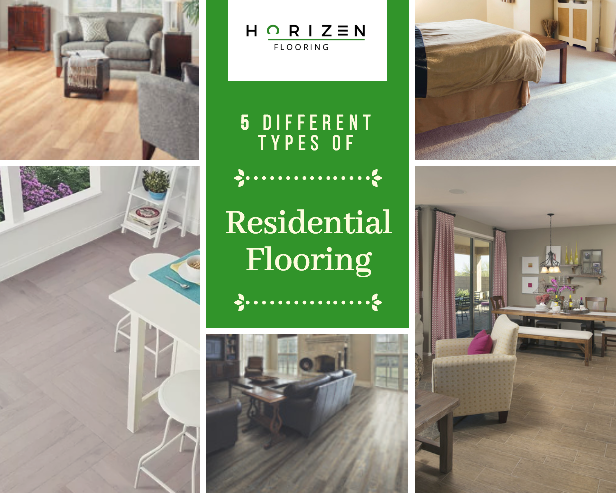 Horizen Flooring presents to you a picture collage of 5 different types of residential flooring. It consists of Hardwood, Vinyl, Laminate, Carpet, and Tile. Horizen Flooring offers full turnkey flooring services to the Greater Austin and surrounding areas, specialising but not limited to: hardwood, vinyl, laminate, carpet, and tile. For more information, call (512) 806-9434 today.